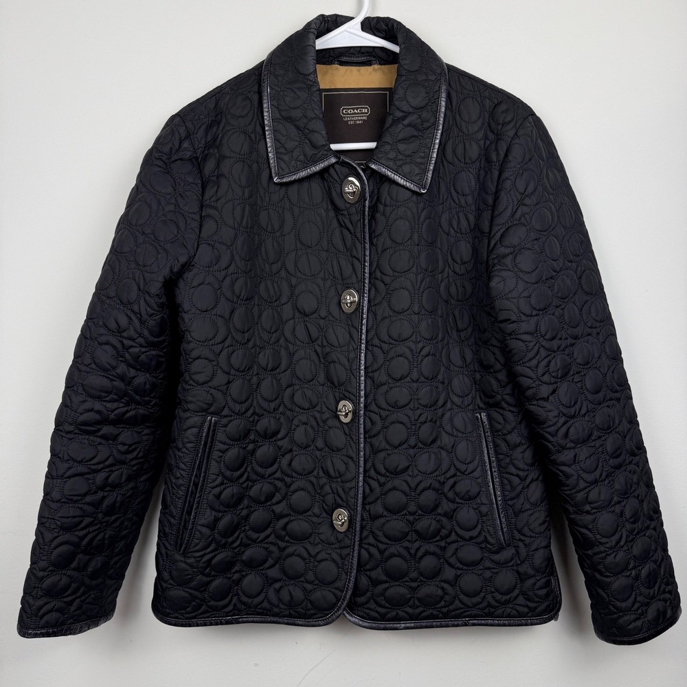 Coach Quilted Signature CC Jacket Womens XS Black Leather Trim Turnlock Classic